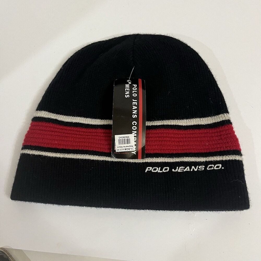 Vintage Polo Jeans Co Ralph Lauren Beanie NWT Black Striped Deadstock